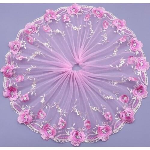 5yards Pink Purple Rose Flower Embroidered Mesh Lace Trim Fabric for Sewing Doll Dress Material Curtain Sofa Sewing Accessories