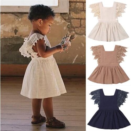 Sleeveless Baby Girls Lace Floral Dress Summer Cotton Linen Casual Dress Sundress Clothes 0-3Y