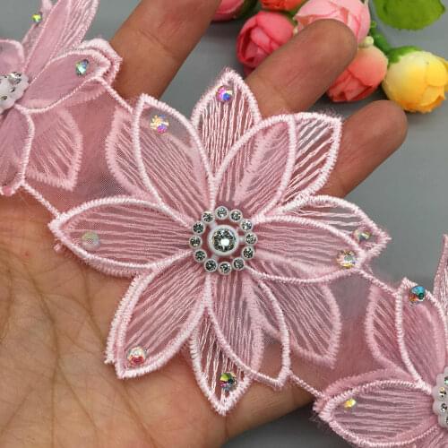 10pcs Pink 7.5cm Pearl 3D Flower Lace Trim Ribbon Fabric Embroidered Handmade Applique Sewing Craft Wedding Dress Clothes