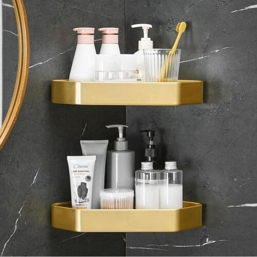 Brushed Gold Bathroom Shelf Soap Cosmetic Corner Wall Mounted Shelf Aluminum Shower Storage Rack Bathroom Accessorie