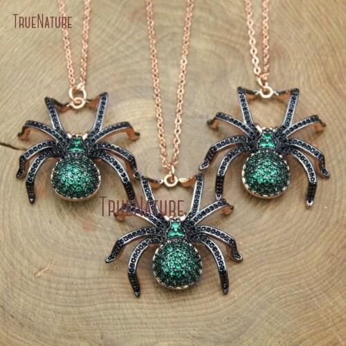 Micro Pave Teal Color Zircon Electroplating Rose Gold Spider Cute Shape Charm Copper Necklace In 18 Inch NM10376