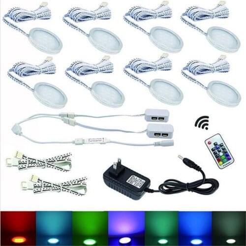 8 RGB Color Changing LED Under Cabinet Puck Lights Kit RF Remote Dimmable for Home Kitchen Counter Furniture Decoration Lighting