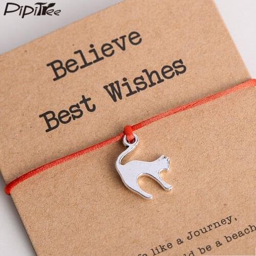 Pipitree Lovely Animal Cat Charm Bracelet for Men Women Kids Best Wishes Handmade Bracelets Red String Jewelry Kraft Paper Card