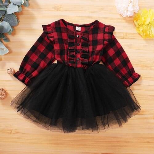 1-5Y Infant Kids Baby Girls Dress Ruffle Plaid Long Sleeve One Piece Fluffy Skirt with Belt Spring Autumn Clothing