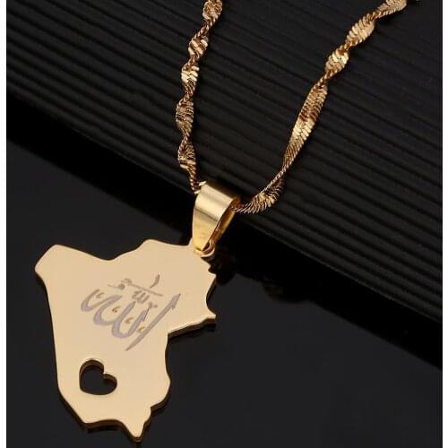 Stainless Steel Republic Of Iraq Map Pendant Necklace Gold Color Allah Heart Jewelry