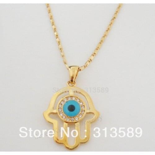 Min order is 10$ can mix design /- YELLOW - GOLD COLOR OVERLAY 24" LINK NECKLACE & EVIL EYE HAND HASMA CZ STONE PENDANT