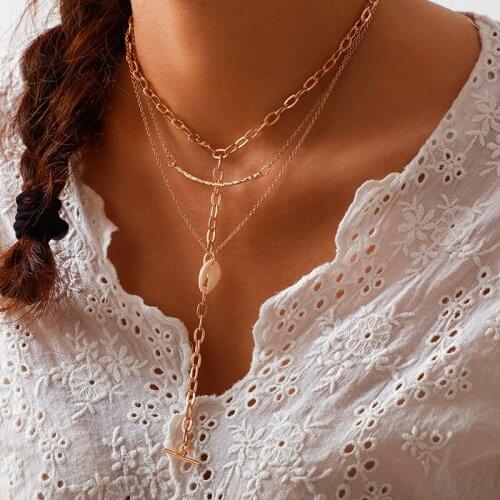 Punk Multi Layer Curb Cuban Chunky Thick Metal Choker Necklace Women Vintage Lasso Cowrie Shell Pendant Necklace Jewelry Gift