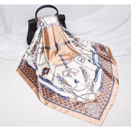 FXAASS Bandana Women Hijab Square Scarf Fashion Lady Retro Luxury Silk Scarf Shawls Belt horseshoe 90*90cm Large Cape Headscarf