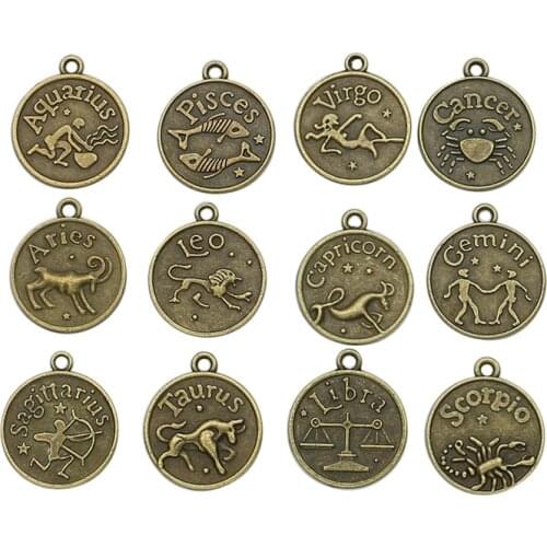 KJjewel Antique Silver Bronze Plated Zodiac all Constellation Charm Pendant Jewelry DIY Making Accessories Handmade 20x18mm