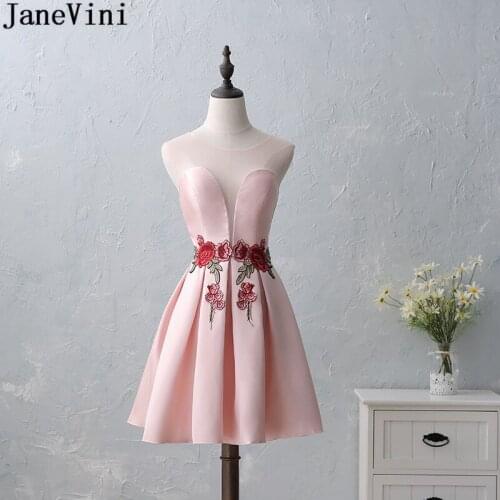 JaneVini Pink Short Bridesmaid Dresses Embroidery Appliques Lebanon Sheer Neck Sexy Formal Dress Satin Knee Length Party Gowns