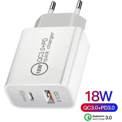 US/EU Plug Phone Charger 18W Dual Port PD + QC3.0 USB Charger For iPhone XS XR XSMAX Portable Wall Mobile Charger Fast Charger