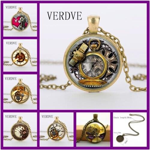 VERDVE 2018 high quality retro vintage steampunk personality clock glass pendant necklace jewelry