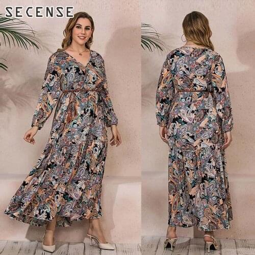 Womens Dresses Retro Printing Vintage Boho Loose V Neck Long Maxi Dress Long Sleeve Elegant Party Casual Plus Size 4XL Dress