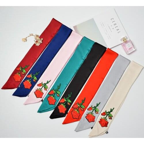 Women Skinny Stripe Scarf Embroidery Head Scarf Design Foulard Rose Floral Small Bandana Fashion Neckwear Choker NEW [1280]