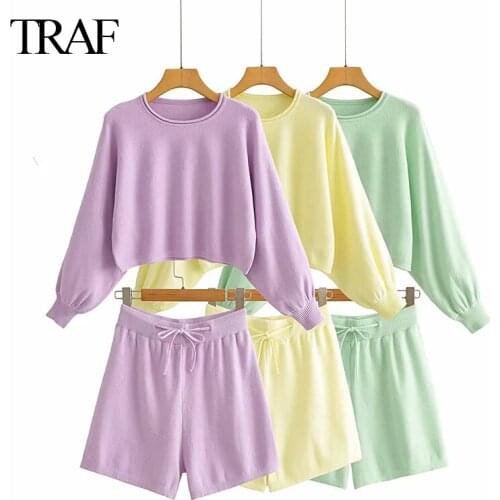 TRAF Womens 2021 Casual Sweater Suits Autumn Raglan Sleeve Loose Cropped Knit Jumpers and Shorts Women Candy Color Suit