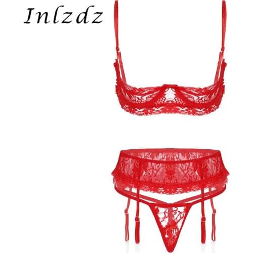 Womens Lace Lingerie Set Three-Pieces See-Through Underwear Open Cup Underwired Bra with G-String Garter Belt Erotic Sexy Suit