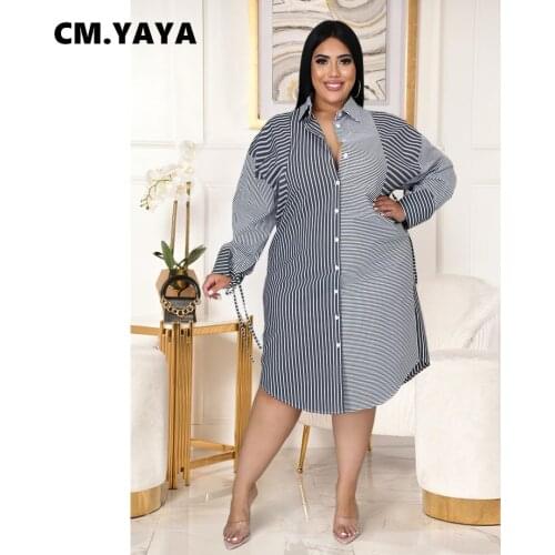 CM.YAYA Women Plus Size Dress Striped Patchwork Full Sleeve Single Breasted Loose Straight Midi Dresses Fashion Vestidos Summer