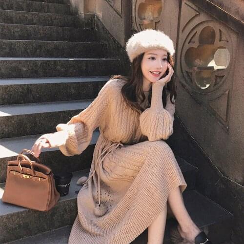 Women French Romance Sweater Dress 2020 Lantern Sleeve Casual Autumn Winter Dress Women Thick Warm Knee Length Knitted Dresses