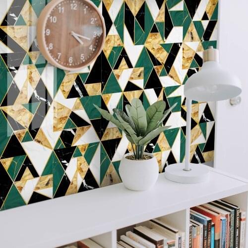 Golden Green Geometric Creative Tile Stickers PVC Waterproof Kitchen Decoration Bathroom Self Adhesive Wall Sticker Art Mural