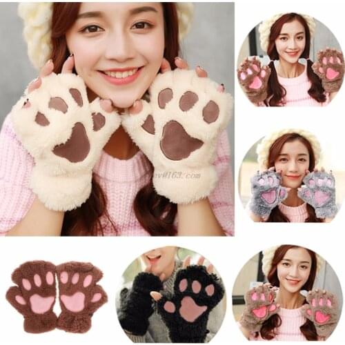 1 PC Winter Women Cute Cat Claw Paw Plush Mittens Short Fingerless Half Finger Gloves