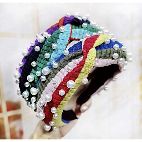 6pcs Pearl Headband Wholesale Girls Twisted Hairband Wide Rainbow Strip Knit Wool Headband Women Hair Ornaments