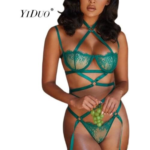 YiDuo Bandage Lingerie Sexy Hollow Out Exotic Garter Halter Lace Bodysuit Women Skinny Green Body Top Club Bodysuits 2021 Black