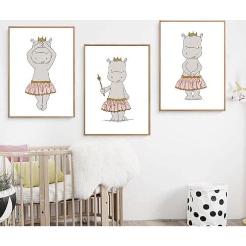 Hippo Ballerina Princesses Cartoon Canvas Art Poster Nursery Print Canvas Painting Wall Picture Nordic Kids Bedroom Decoration