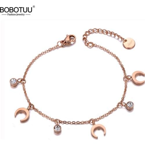 BOBOTUU Fashion Stainless Steel Moon & CZ Crystal Charm Bracelets For Women Girls Bohemia Chain & Link Party Bracelet BB19138