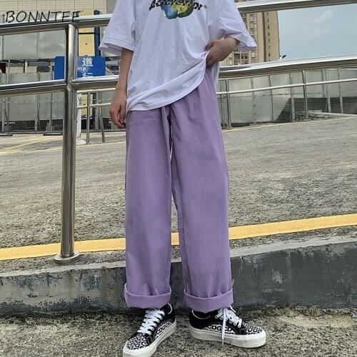 Casual Pants Women Full Length Elastic Waist Couples Solid Wide Leg Korean Style Boyfriend Loose Ins Streetwear All-match Chic