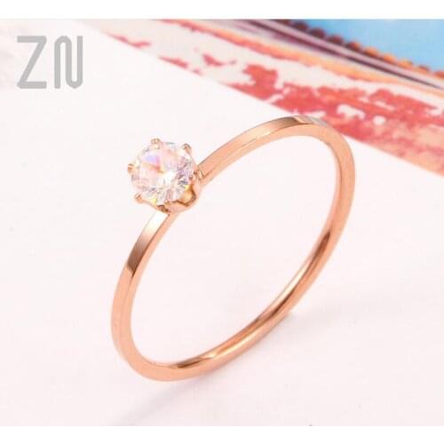 ZN New Style Hot Simple Extra Fine Six-Claw Single Zircon Rings For Women Set with Zircon Titanium Steel Ring Ornament