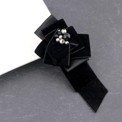 Elegant High Quality Hand-folded Velvet Ribbon Bowknot Sewing Simulated-pearl Plastic Beads Brooches Lapel Pins Women Jewelry
