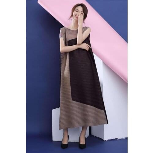HOT SELLING Miyake Fashion sleeveless o-neckr fold dress patchwork A-line long dress IN STOCK