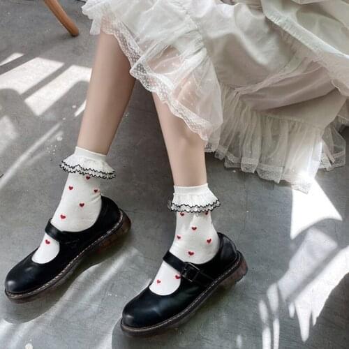 Lolita Kawaii Women Sweet Double Layer Ruffle Frilly Short Socks Japanese Little Heart Print Princess Cotton Hosiery