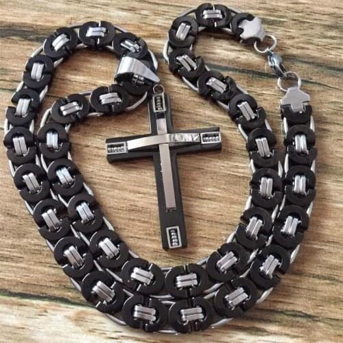 Stainless Steel Cross Pendant Necklace Mens Thick Link Byzantine Chain Choker Collier Pendentif Black