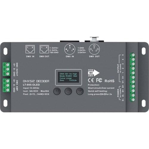 New 5 Channel Led DMX512 Decoder DC12-24V Input;6A*5CH Max 30A Output RGB RGBW Controller XLR-3/RJ45 Connector Port