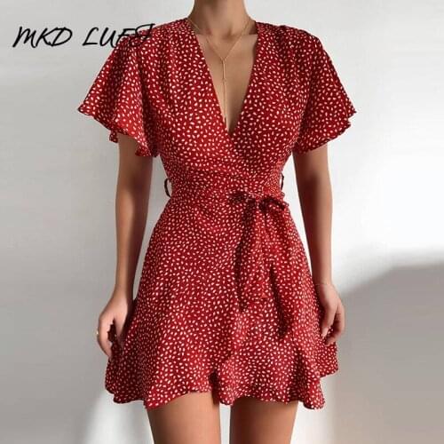 Ditsy Floral Print Ruffles Belt Wrap Dress