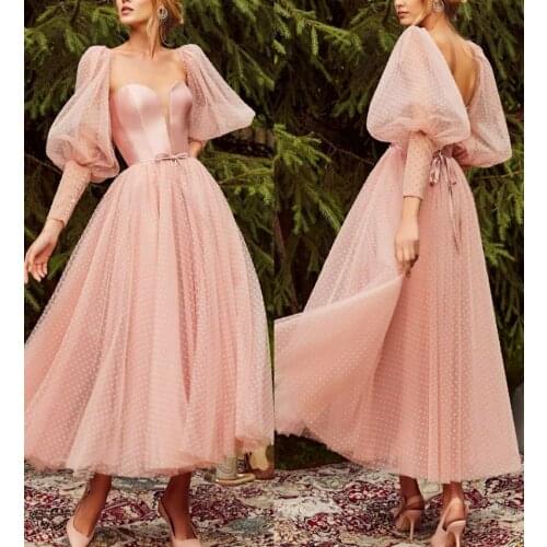 Elegant V-Neck Short Pink Tulle Evening Dresses with Sleeves Zipper Back Tea Length Abendkleider Formal Party Gown for Women