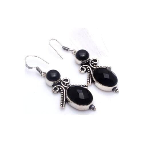 Genuine Black Onyx Silver Overlay on Copper Earrings, 58 mm , E6117