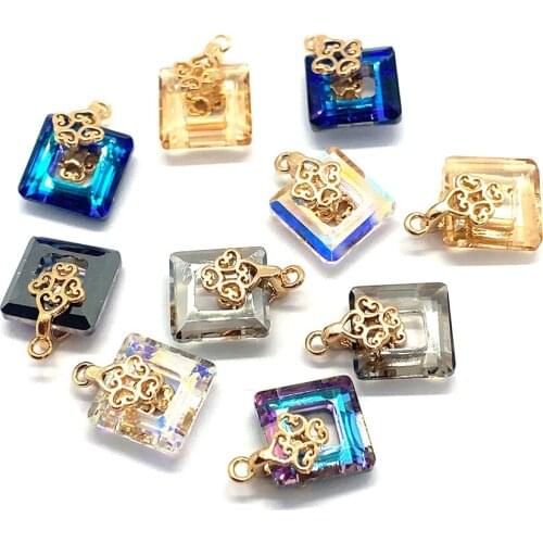 Jewelry Making Supplies Charms ,Multi-color Golden Alloy Crystal Pendant Diy Necklace Accessories, 10PCS Square Hollow Jewelry