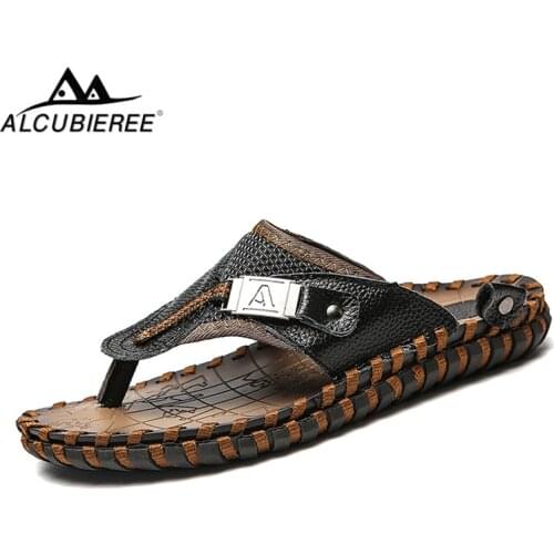 ALCUBIEREE Mens Slippers Genuine Leather Flip Flops Summer Beach Shoes Breathable Sandals Refreshing Slippes Big Plus Size 47 48