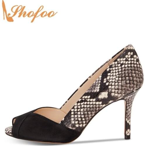 Black White Snake Pumps High Thin Heels Flock Women Peep Toe Slip On Large Size 14 16 Ladies Fashion Office Mature Shoes Shofoo