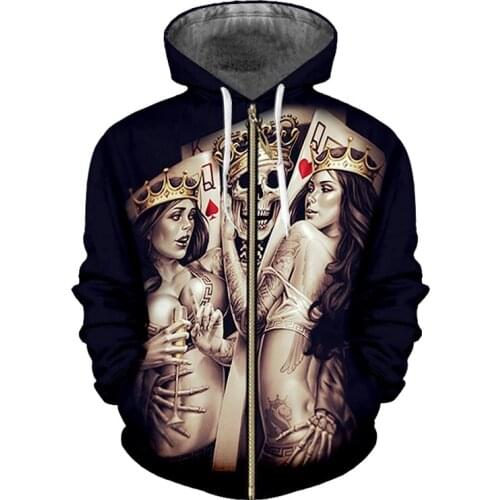 UJWI Cool Zipper Tops Tees 3D Printed Poker Skull Queen Of Brides Zip Sweatshirts Funny Casual Mens Clothes Harajuku