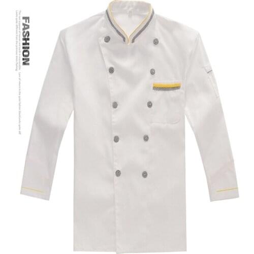 Chef Uniform 2021 New Fashion Long-Sleeved Unisex Kitchen Hotel Simple Style Stand-Up Collar Plaid Button White Chef Uniform