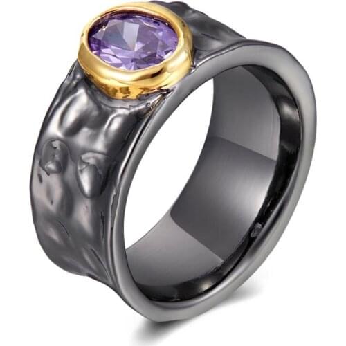 Unique Stackable Band-Ring for Women Purple Zircon Black Gold Color 2 Tones Hot Selling Jewelry Rings