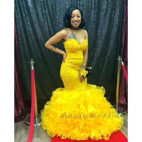African Yellow Mermaid Prom Dresses Sweetheart Appliques Lace Tiered Organza Ruffles Black Girls Evening Dress 2020 Plus Size