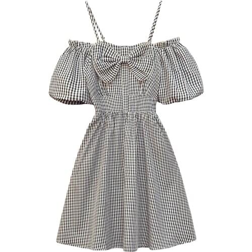 PERHAPS U Women Summer Sweet Bow Camisole Strap Plaid Puff Sleeve A-Line Elastic Band Short Dress Plus Size D3044