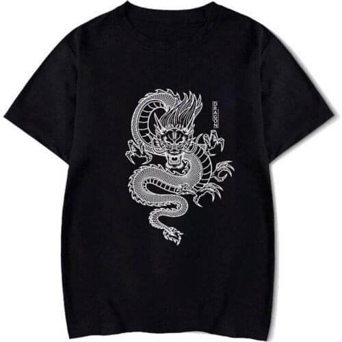 Women Summer Cotton Short Loose T-shirt Kawaii Cartoon Print Pattern Casual Harajuku Retro Chinese Dragon Graphics O-Neck Tops