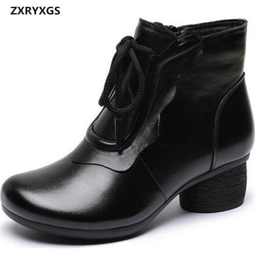 Promotion 2020 New Top Cowhide Lace-up Autumn Winter Boots Ankle Boots Thick Heel Non-slip Genuine Leather Shoes Female Boots