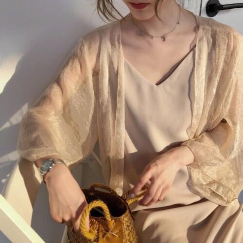 Pearl Diary Women summer Crinkle Chiffon Cardigan Sheer Casual Hawaii Style See Through Transparent Loose Top For Vacation