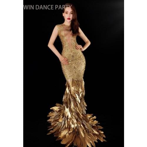 Gold Rhinestone Evening Party Dress Women Bodycon Wedding Feather Mermaid Long Dress Prom Crystal Trailing Dress Stage Costumes